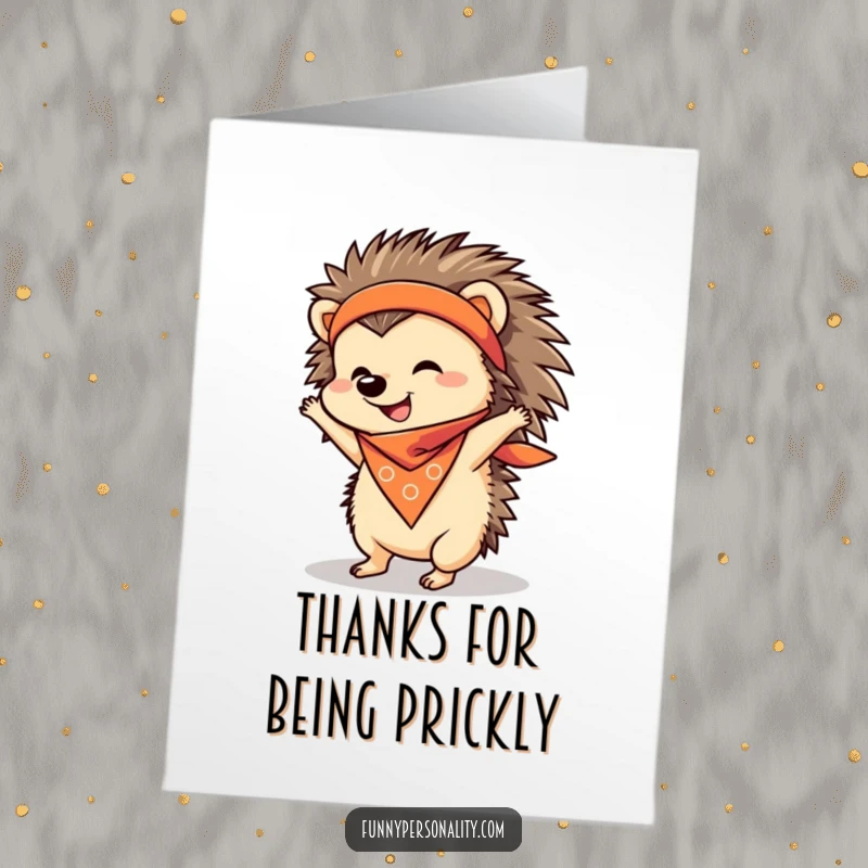 Funny Free Printable Thank You Card: A cheerful hedgehog in a bandana attempts a handstand to show appreciation.