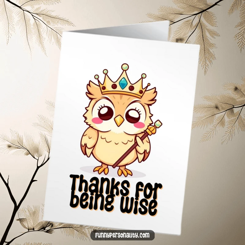 Funny Free Printable Owl Thank You Card: A giggling owl king offers thanks with a crown and scepter, making it regal.