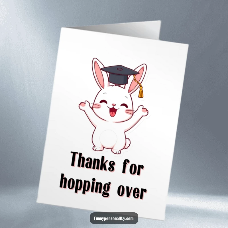 Funny Free Printable Thank You Card: a happy rabbit character enthusiastically waves a tiny graduation cap, expressing thanks.