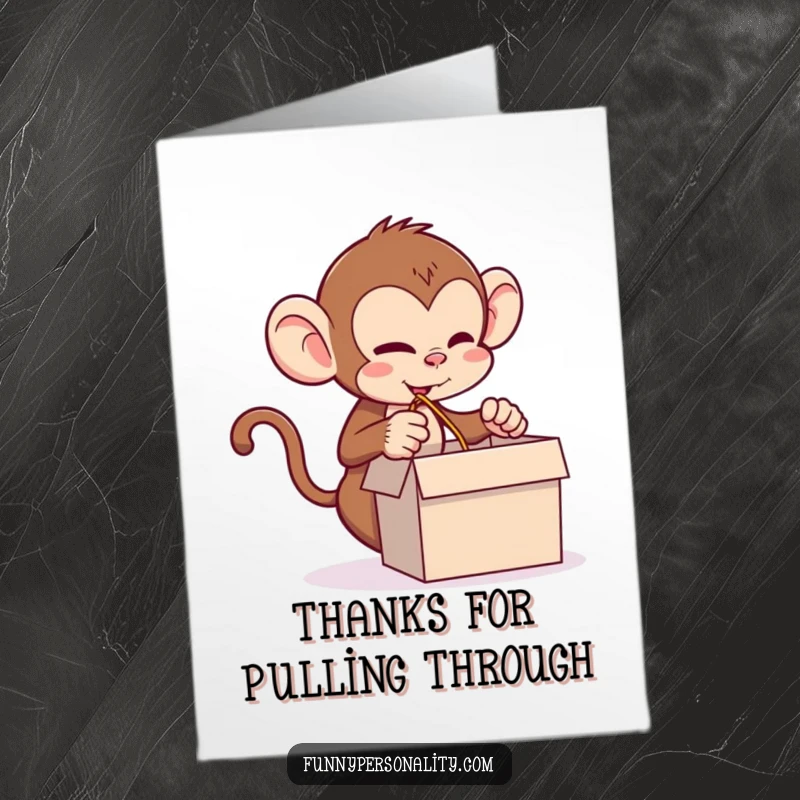 Funny Free Printable Monkey Thank You Card: A mischievous monkey pulls a comically long string, representing endless thanks.