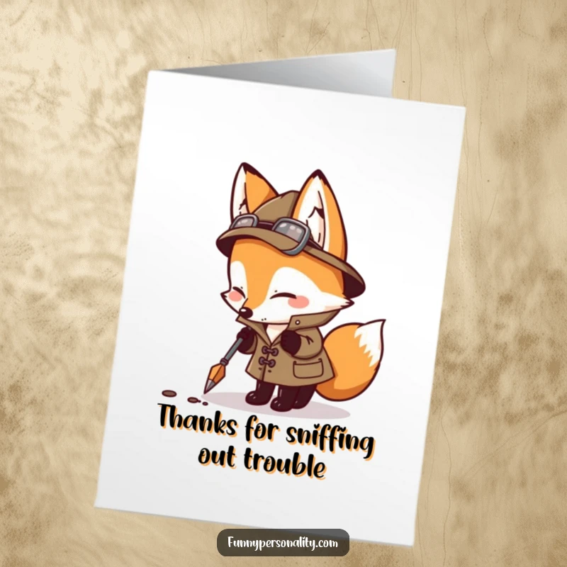 Funny Free Printable Fox Detective Card: A sly fox in a trench coat sniffs the ground, conveying a humorous thank you with investigative flair.