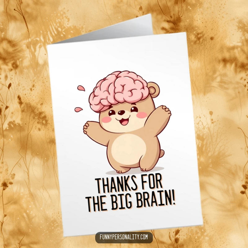 Funny Free Printable Thank You Card: A chubby bear tossing a smiling brain, conveying thanks for great ideas and smart advice.