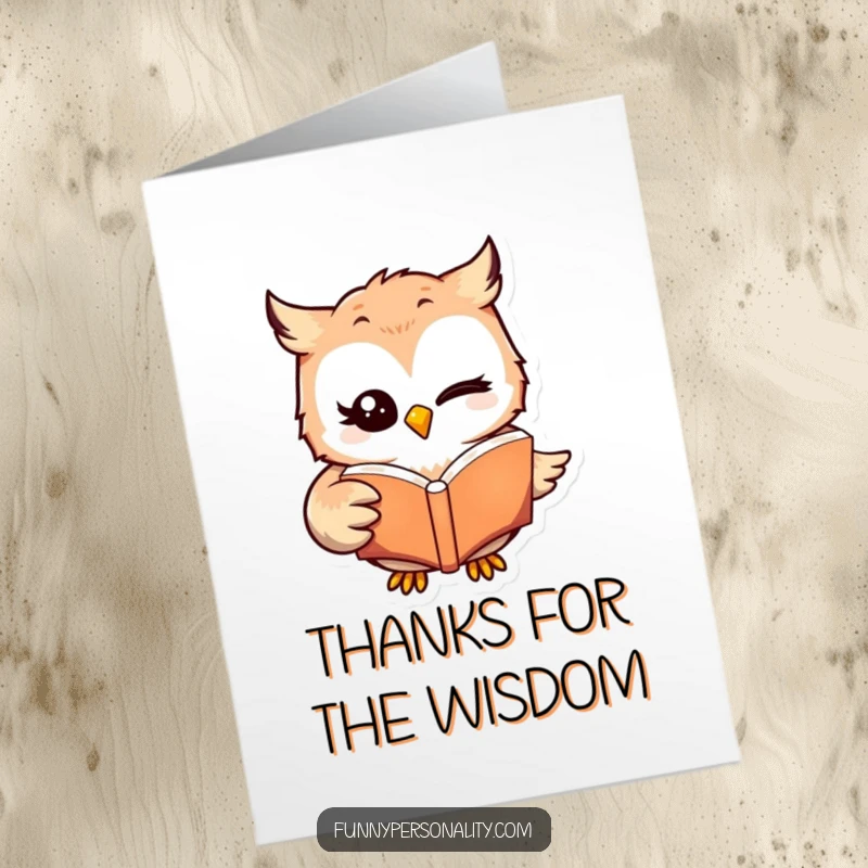 Funny Free Printable Thank You Card with a winking owl holding a book, a charming way to express gratitude.