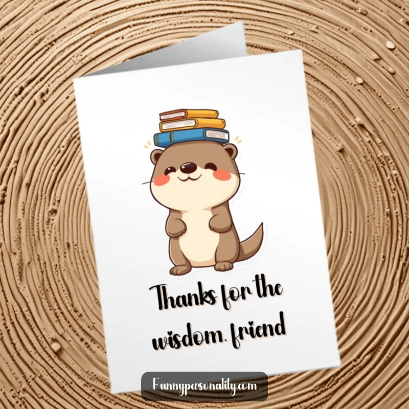 Funny Free Printable Thank You Card: a cheerful otter character humorously balances a stack of books on its head, conveying thanks.