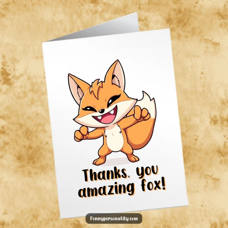 Funny Free Printable Thank You Card of a grinning fox character striking a heroic pose, a bold and humorous way to show thanks.