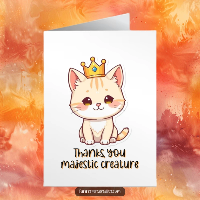 Funny Free Printable Thank You Card: A regal cat adorned with a crown offers a dignified thank you with a knowing gaze.