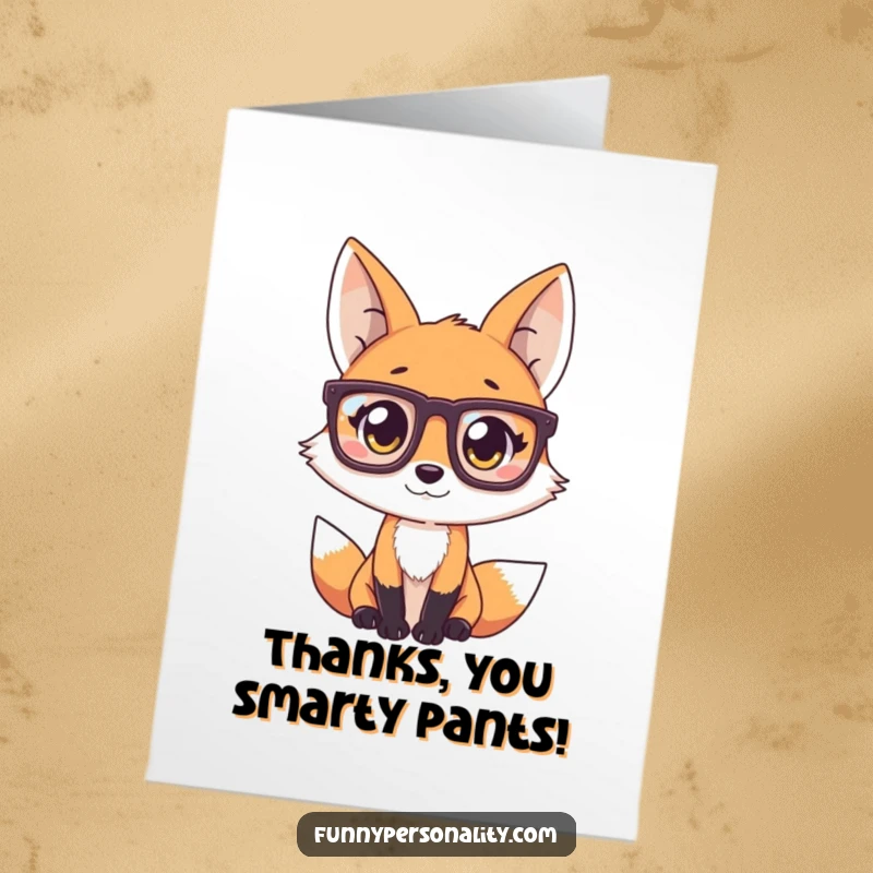 Funny Free Printable Thank You Card: A curious fox with large glasses looking thoughtfully, expressing thanks.