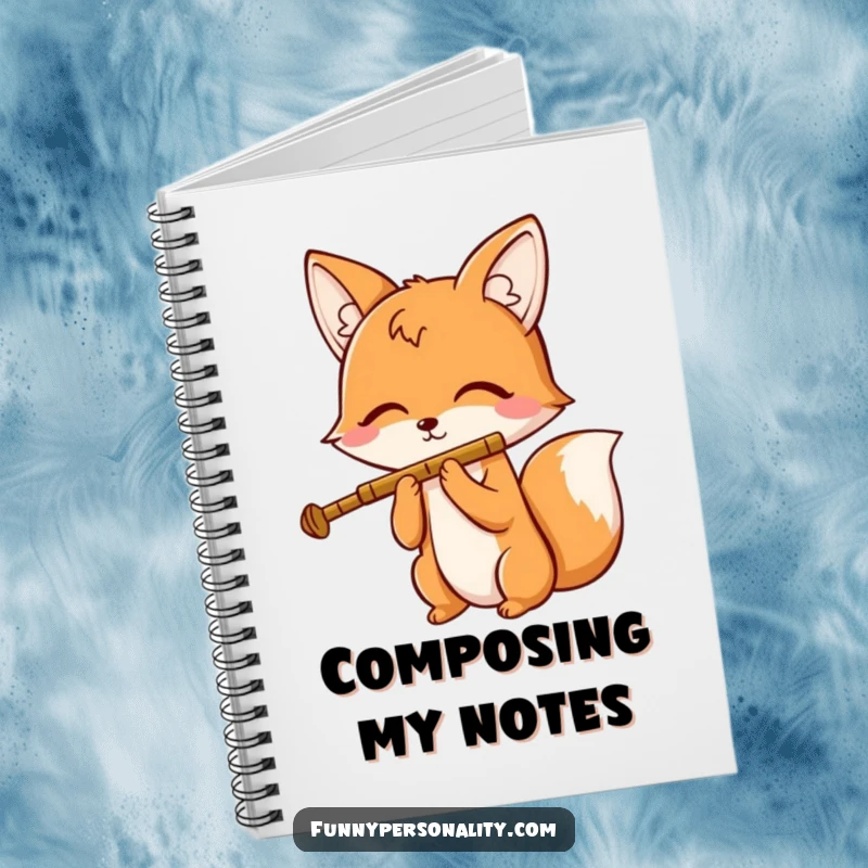 Funny notebook with a cheerful fox character playing a tiny flute with closed eyes, ideal for journaling and note-taking with a musical touch.