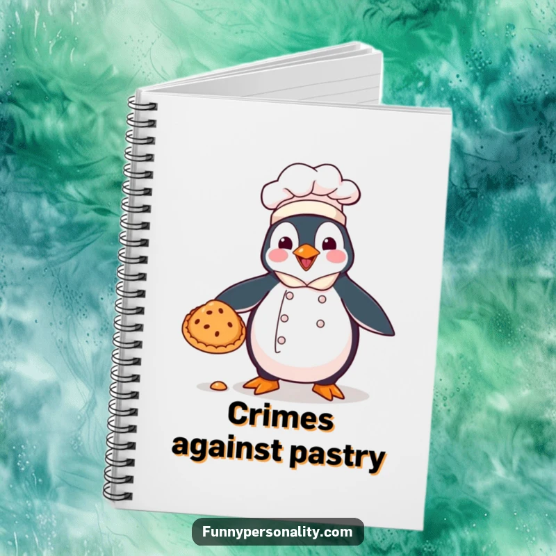 Funny notebook: a penguin chef dropping a pie, perfect for jotting down culinary ideas.