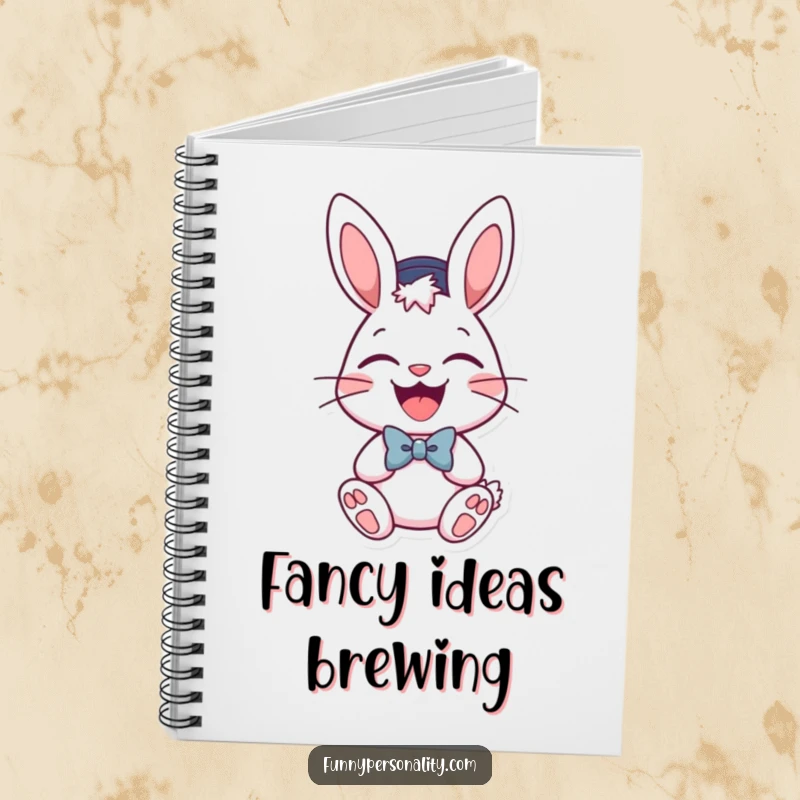 Funny notebook cover featuring a laughing bunny in a hat and bow tie, ready for notes and plans.