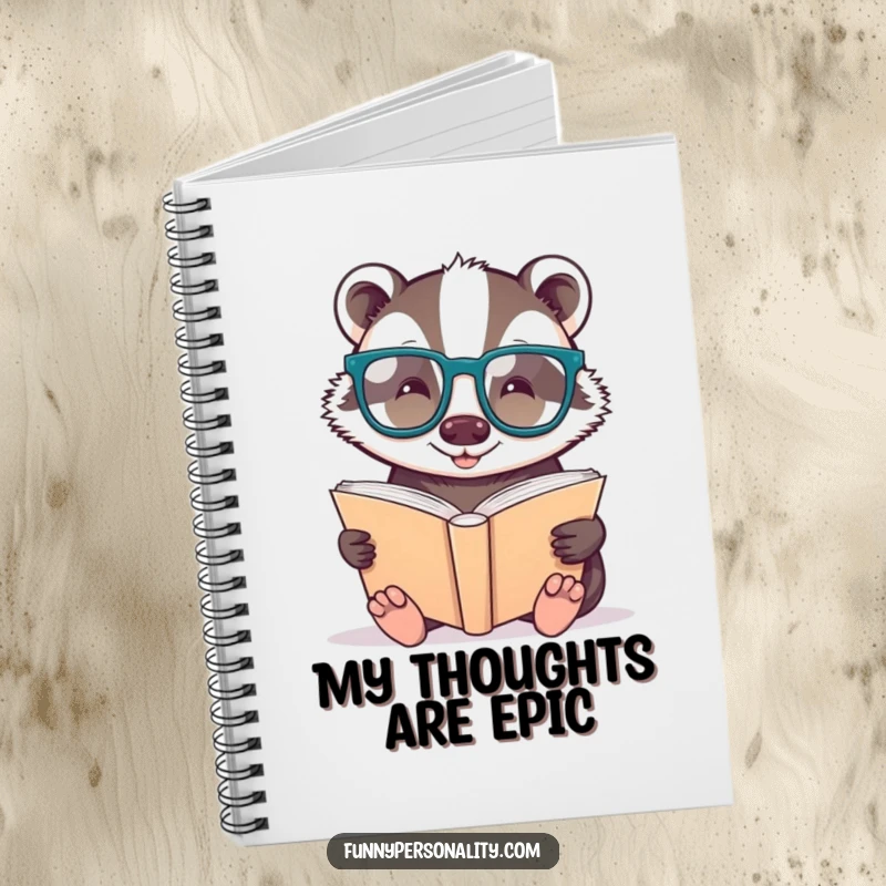 Funny notebook: a badger with glasses reading a giant book, perfect for academic or personal notes.