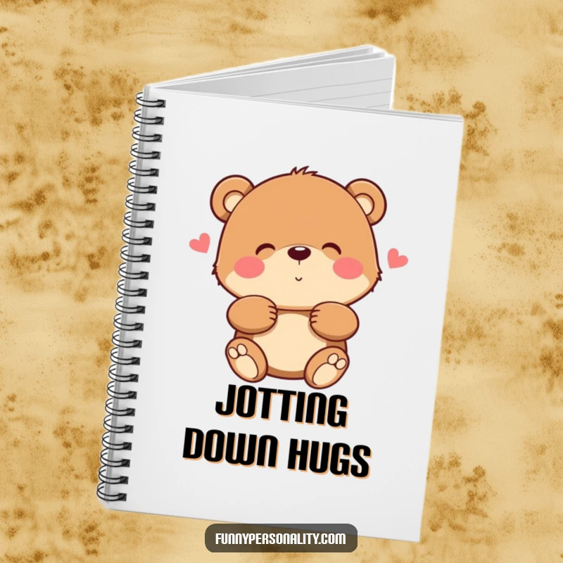 Funny bear notebook featuring a bear character offering a cozy hug, perfect for writing down warm thoughts.