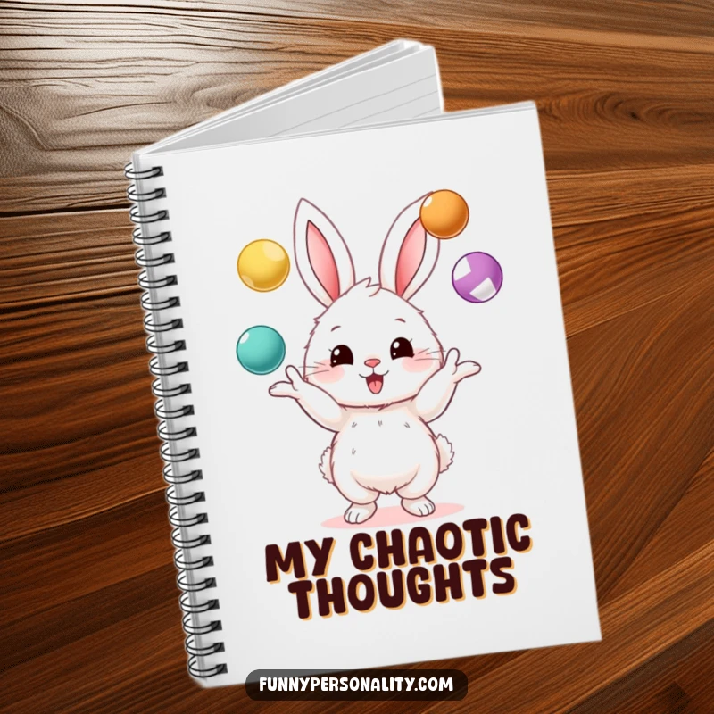 Funny notebook with a fluffy bunny character skillfully juggling three colorful balls, ideal for capturing thoughts and doodles with a smile.