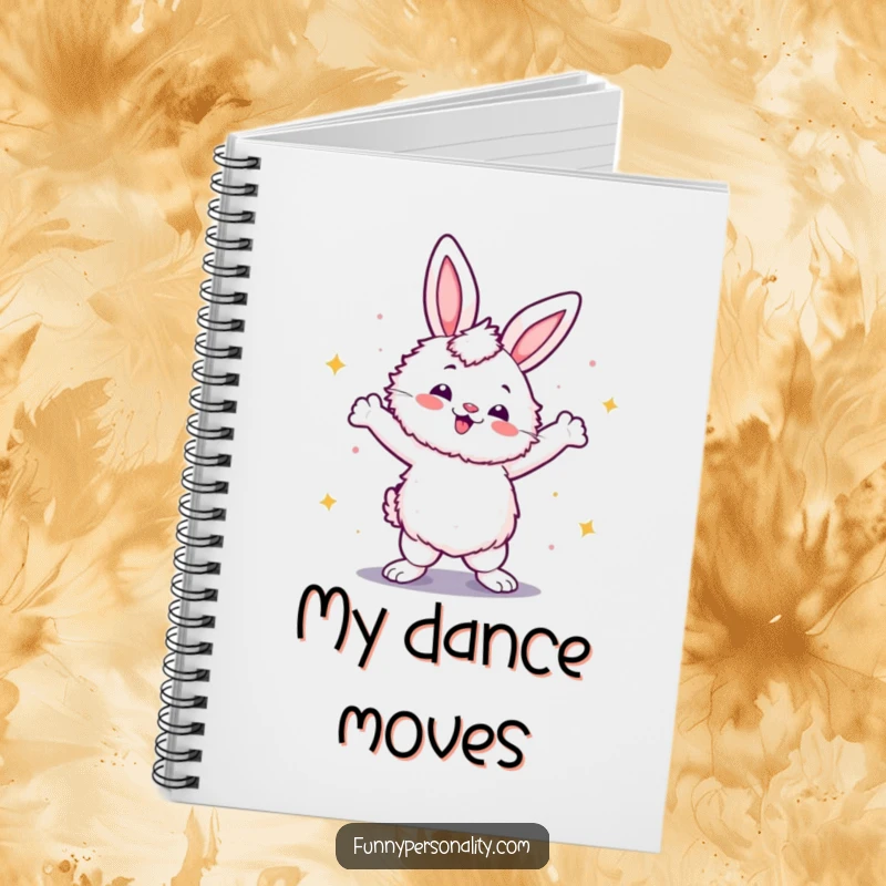 Funny notebook featuring a fluffy rabbit striking a confident disco dance pose, ideal for notes, dance plans, or creative journaling.
