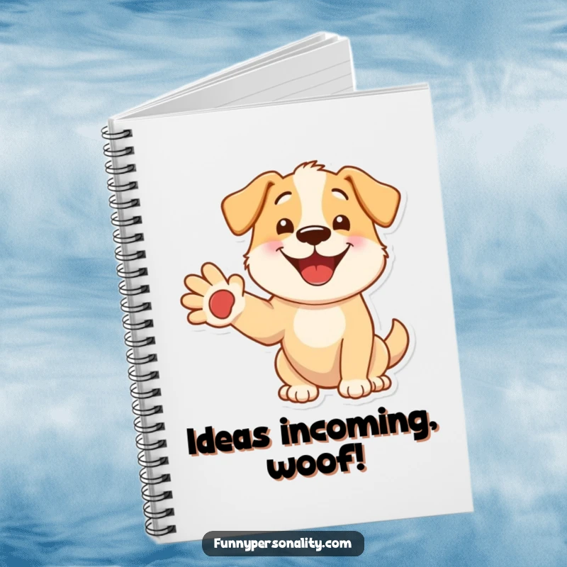 Funny dog notebook with a smiling dog extending a paw, perfect for jotting down notes, ideas, or doodles with a touch of humor.