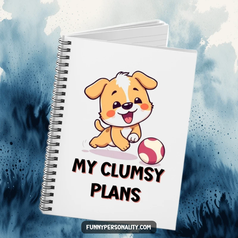 Funny notebook featuring a playful dog character comically tripping while chasing a bouncing ball, ideal for journaling.