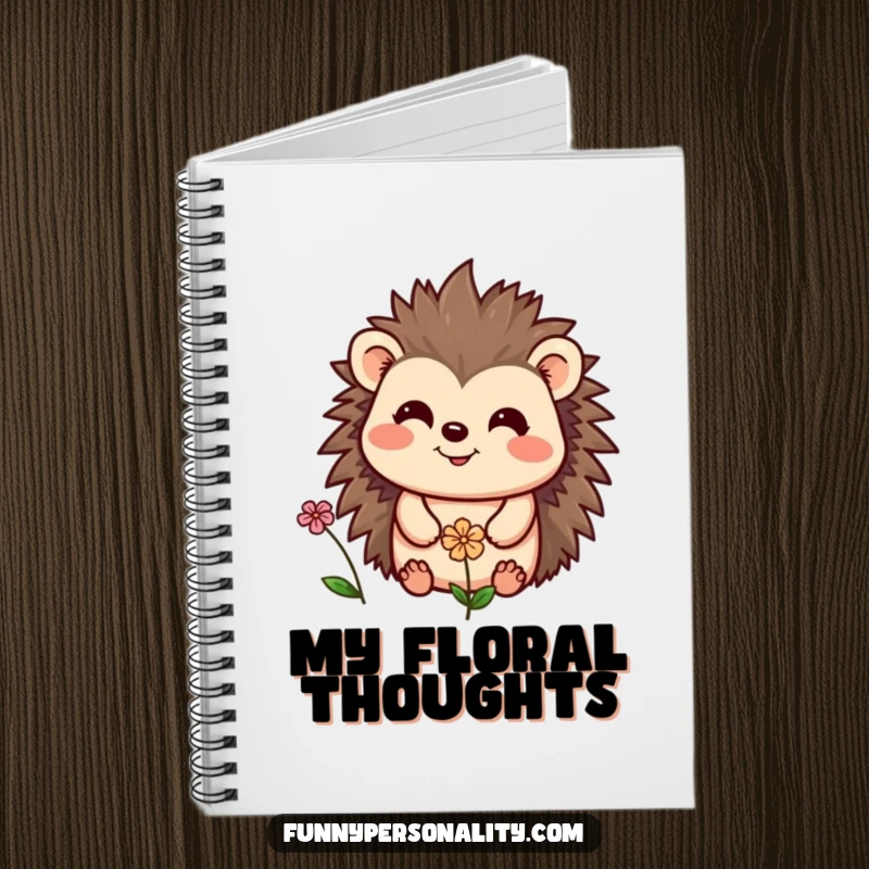 Funny notebook with a cheerful hedgehog smiling at a tiny flower, a charming and humorous cover for all your notes.