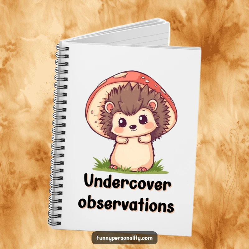 Funny notebook cover displaying a curious hedgehog peeking from behind a large mushroom, perfect for capturing whimsical thoughts.