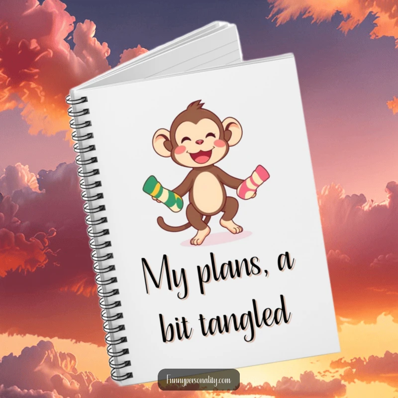 Funny playful monkey character juggling socks on the cover of a notebook, perfect for jotting down notes and a funny gift.