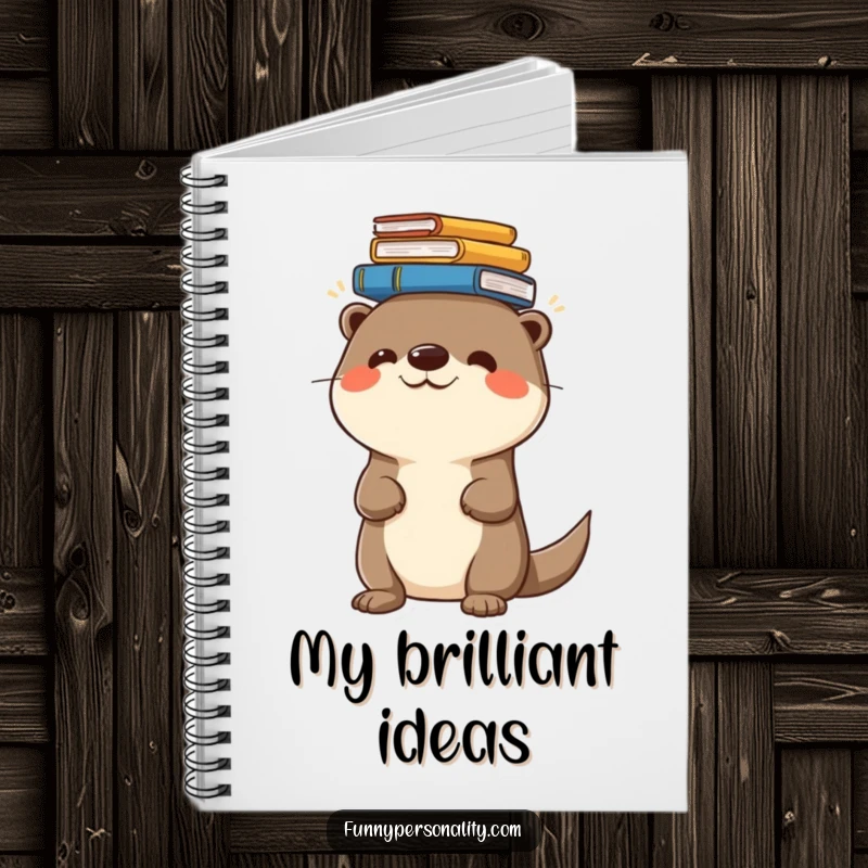 Funny notebook featuring a cheerful otter balancing a stack of books on its head, ideal for writing and creativity.