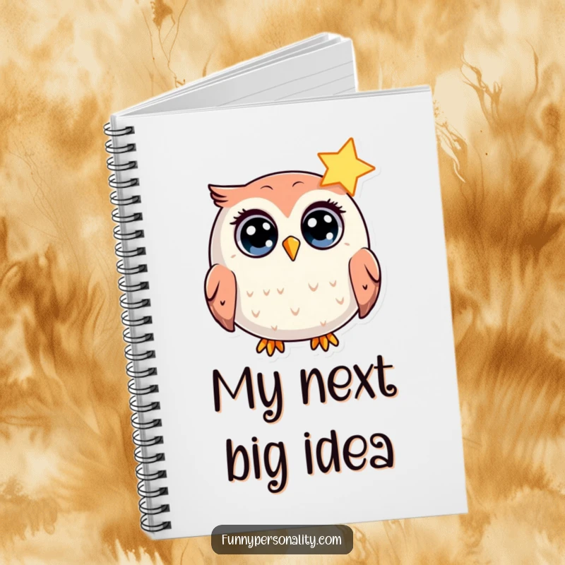 Funny Notebook: A round owl character looks surprised by a shining star, ideal for jotting down funny ideas as a gift.