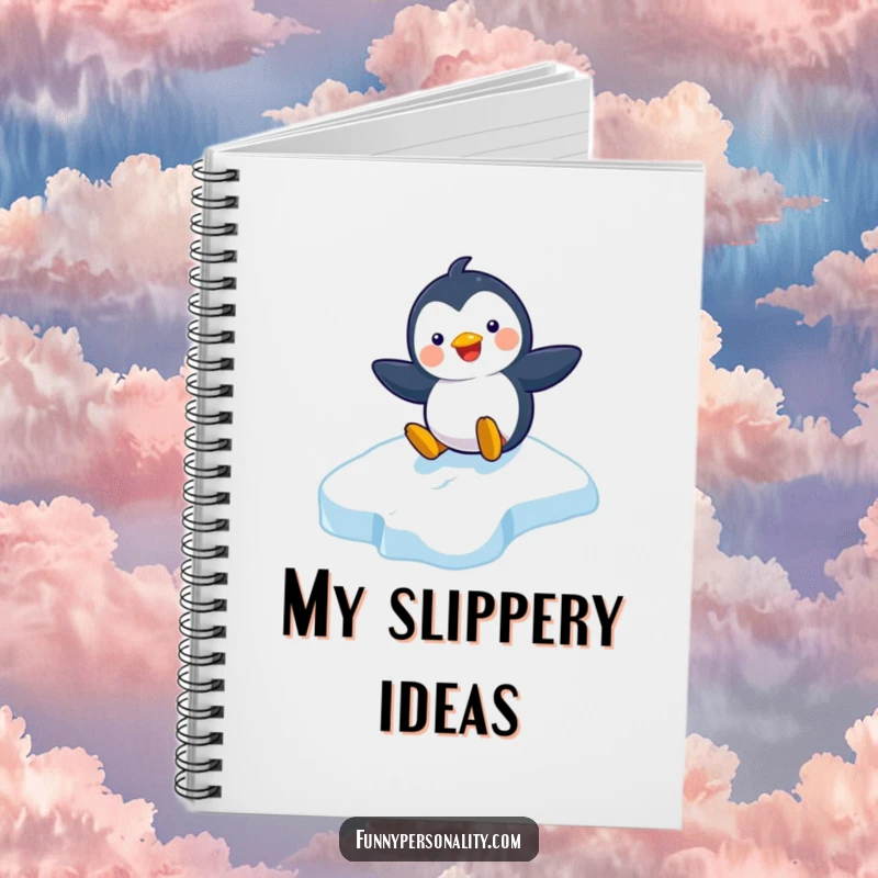 Funny notebook with a playful penguin character sliding down an icy slope with a happy grin, for jotting down creative ideas.