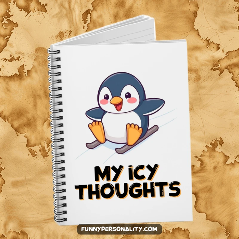 Funny notebook cover illustrating a happy penguin character mid-slide down an arctic ice slope, perfect for jotting down funny thoughts.