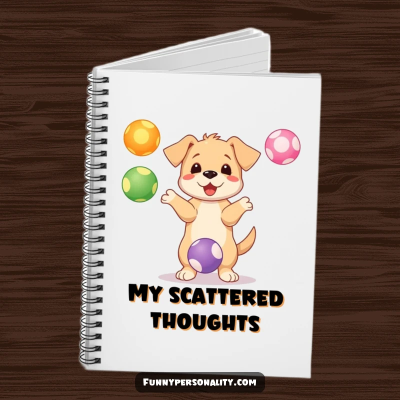 Funny puppy notebook with a playful character juggling colorful bouncing balls, ideal for jotting down fun ideas.