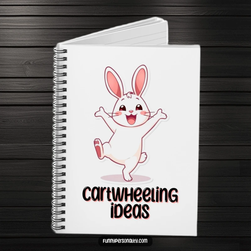 Funny Notebook: An energetic rabbit doing a cartwheel with a big smile, perfect for jotting down thoughts with a cheerful vibe.