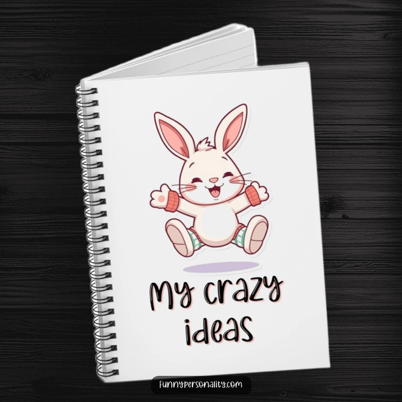 Funny rabbit notebook: a journal featuring a grinning rabbit character wearing oversized, mismatched socks, ready for inspiration.