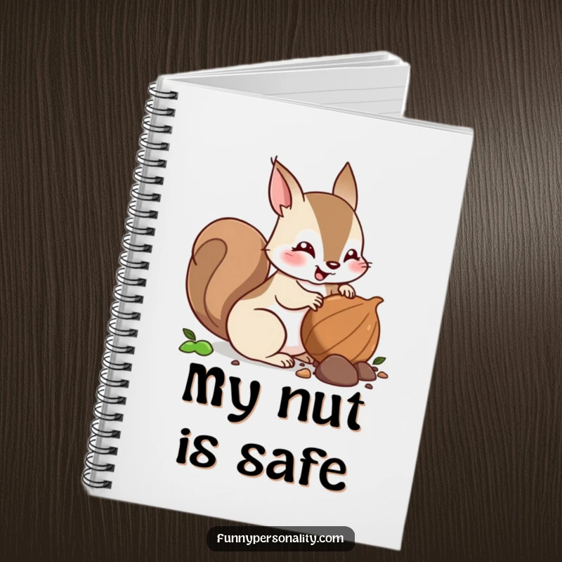 Funny squirrel notebook with a cover depicting a squirrel character burying a nut, perfect for note-taking.