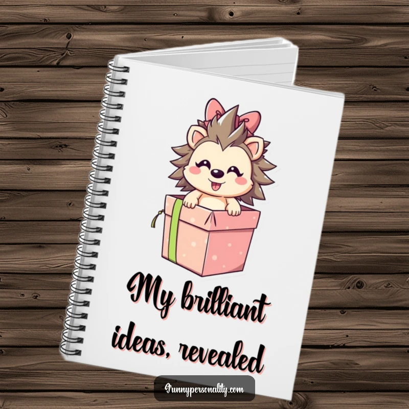 Smiling hedgehog character bursting out of a gift box on the cover of a notebook, perfect for note-taking and a funny gift.