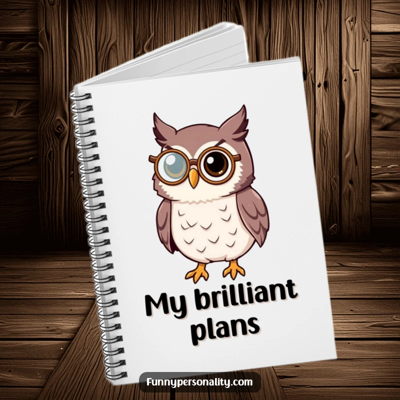 Wise owl notebook with a thoughtful owl character wearing a monocle, perfect for capturing brilliant ideas.