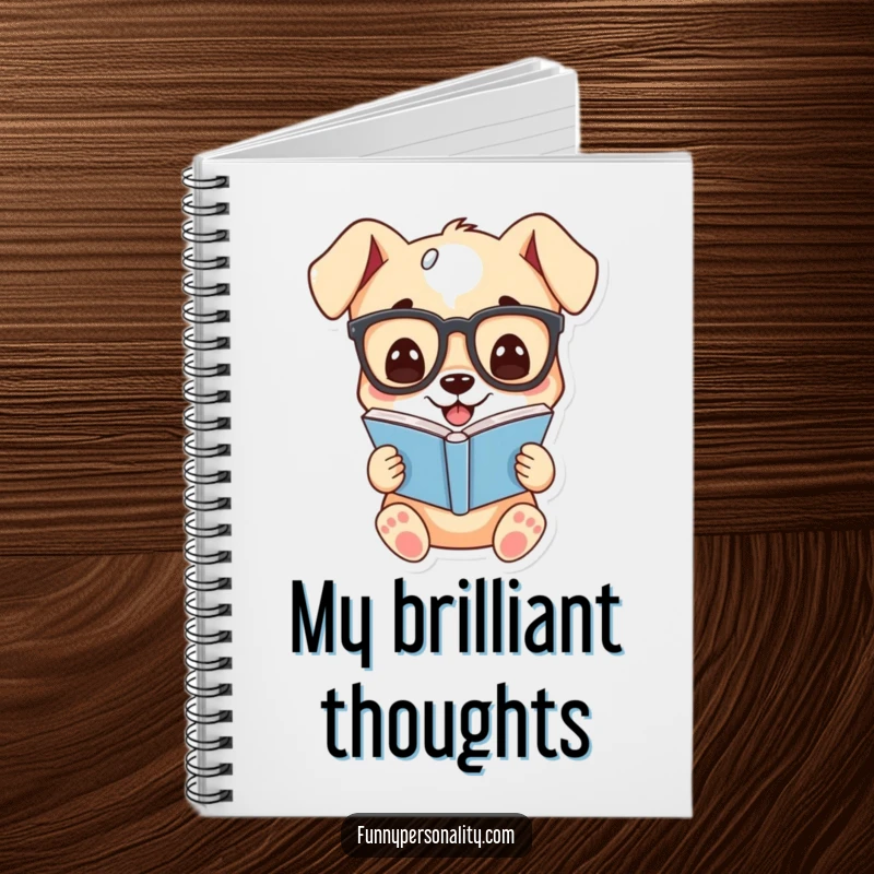 Funny notebook featuring a cartoon puppy wearing glasses, grinning while reading a book, ideal for notes and study.