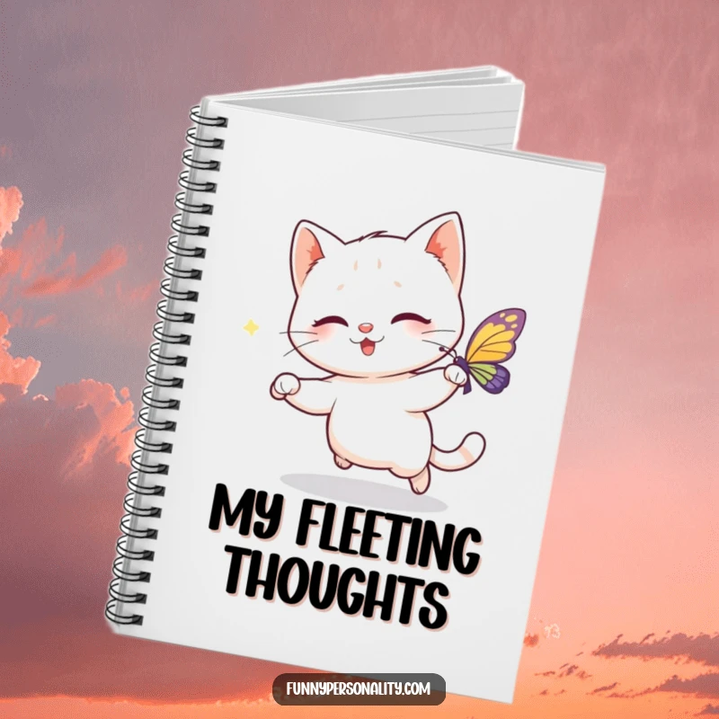 Funny notebook with a playful cat character happily chasing a sparkling butterfly, ideal for capturing thoughts and doodles with a smile.