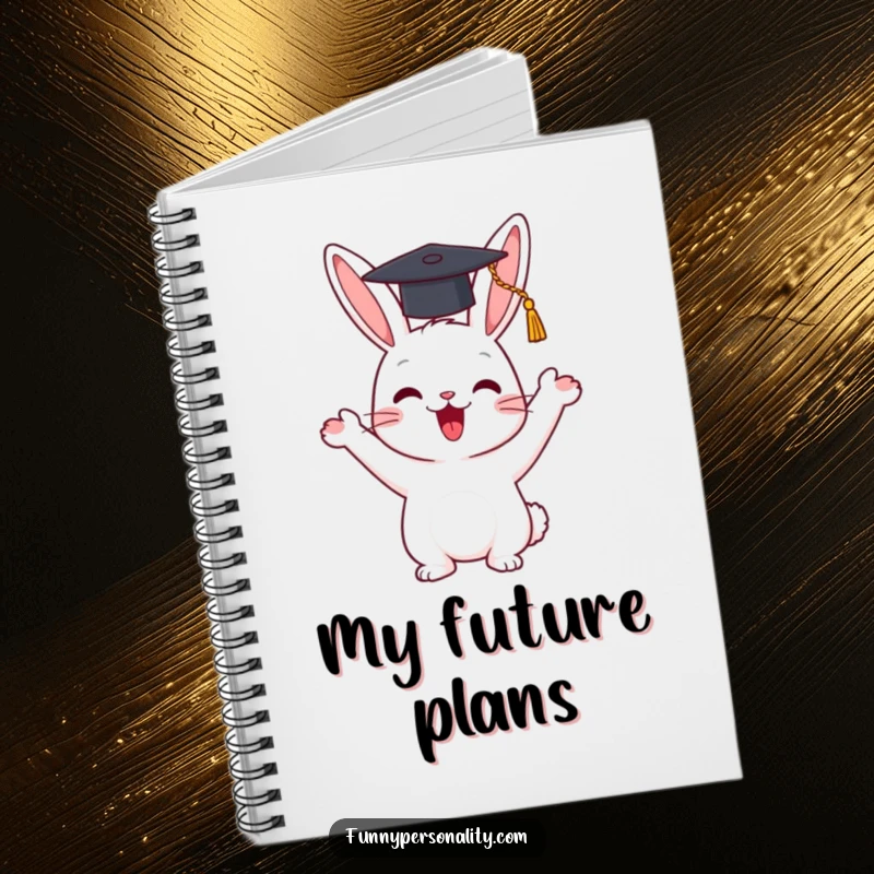 Funny notebook featuring a happy rabbit character enthusiastically waving a tiny graduation cap, ideal for journaling.