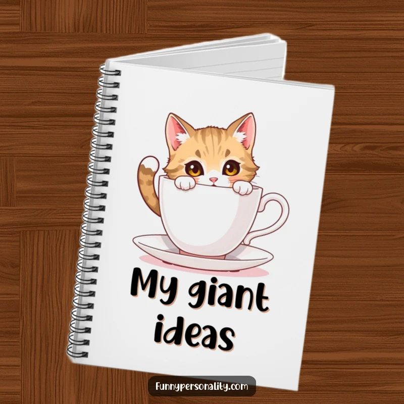 Funny cat notebook: a journal featuring a curious cat character peering into an impossibly large teacup, ready for inspiration.