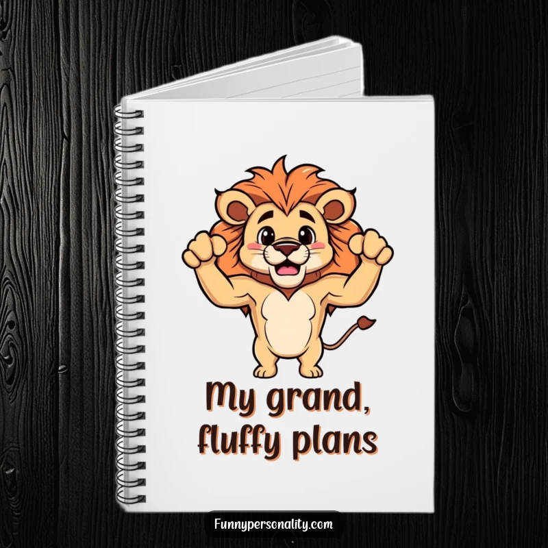 Funny notebook decorated with a proud lion character flexing its small, fluffy biceps, for jotting down funny thoughts.
