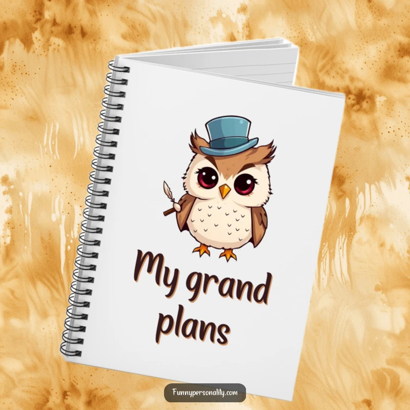 Funny Notebook: A curious owl wearing a top hat and holding a quill, a distinguished cover for capturing notes and brilliant ideas.