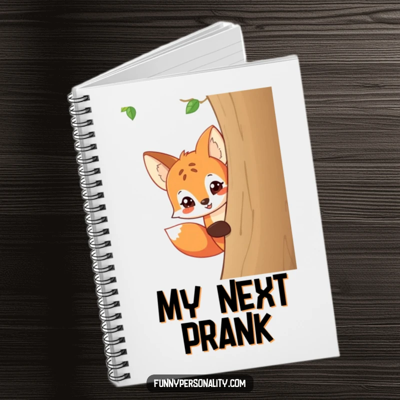 Funny notebook featuring a playful cartoon fox peeking around a tree with a mischievous grin, ideal for notes and secrets.