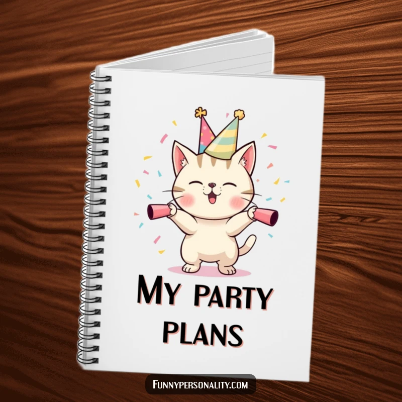 Funny Cat Party Notebook: A lined notebook featuring a mischievous cat in a party hat launching confetti, ideal for planning events.