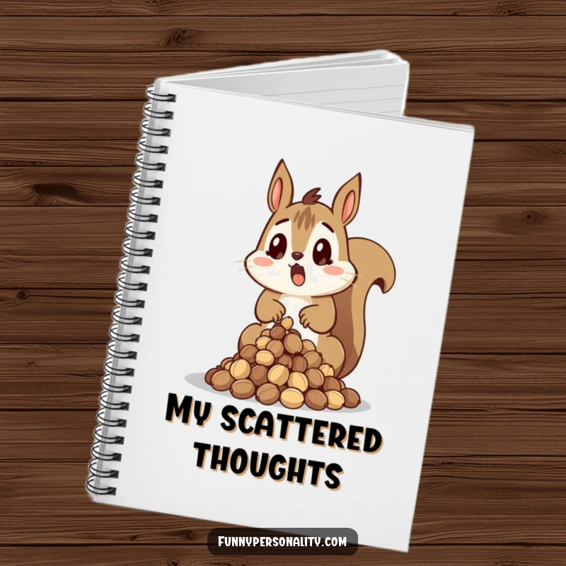 Funny Squirrel Notebook with a surprised squirrel dropping a pile of nuts, ideal for capturing unexpected thoughts.