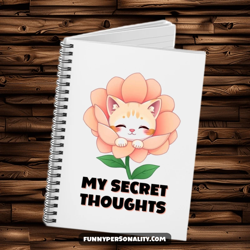 Funny Notebook: A shy cat character peeks from behind a large flower, ideal for jotting down thoughts with quiet, humorous charm.