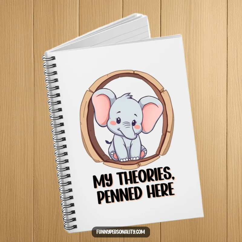 Funny curious elephant character peeking through a keyhole on the cover of a notebook, perfect for note-taking and a funny gift.