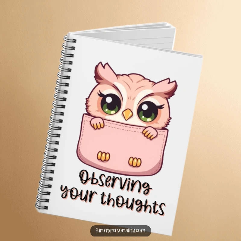 Funny notebook featuring a curious owl with wide eyes peeking out from a large pocket, ideal for notes and observations.