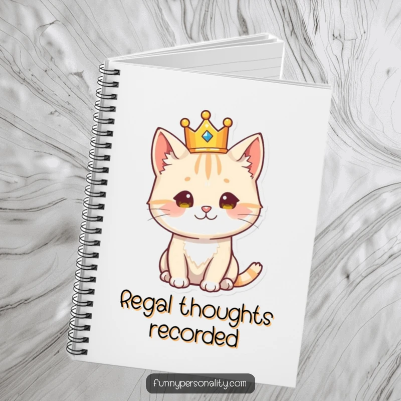 Funny cat character wearing a crown, looking regal, a humorous and inspiring notebook for cat royalty.