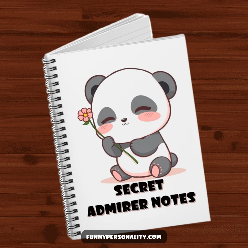 Shy panda notebook with a blushing panda character holding a flower, perfect for jotting down sweet thoughts.