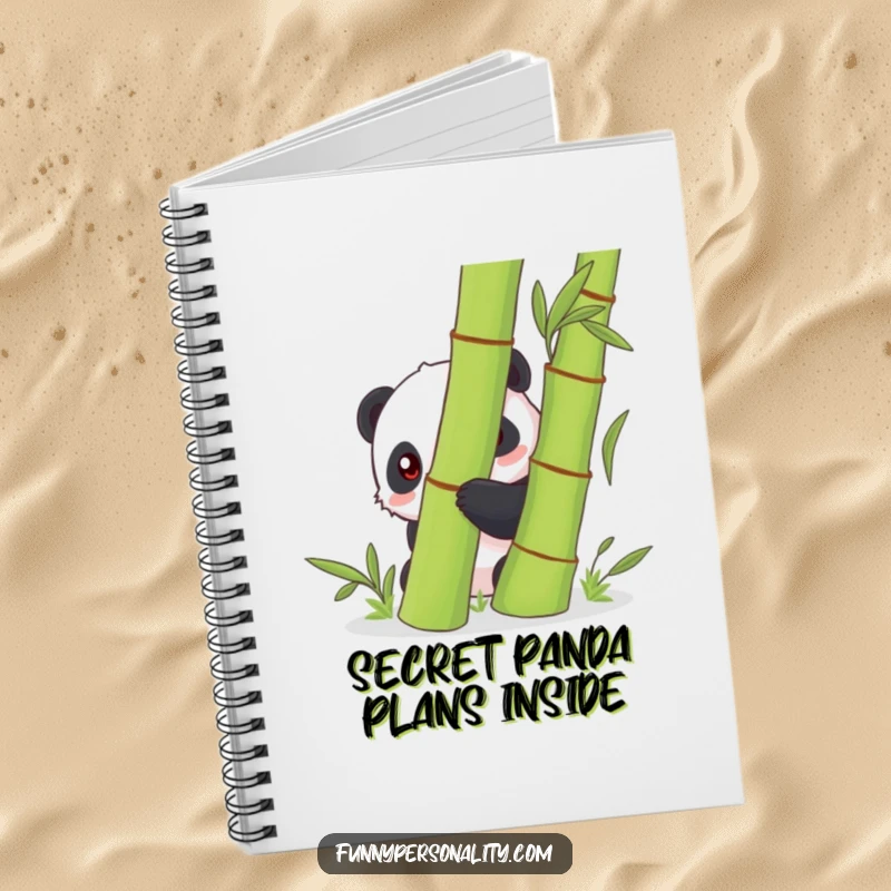 Funny shy panda peeking from behind a bamboo stalk on a notebook cover, ideal for jotting down notes and creative ideas.
