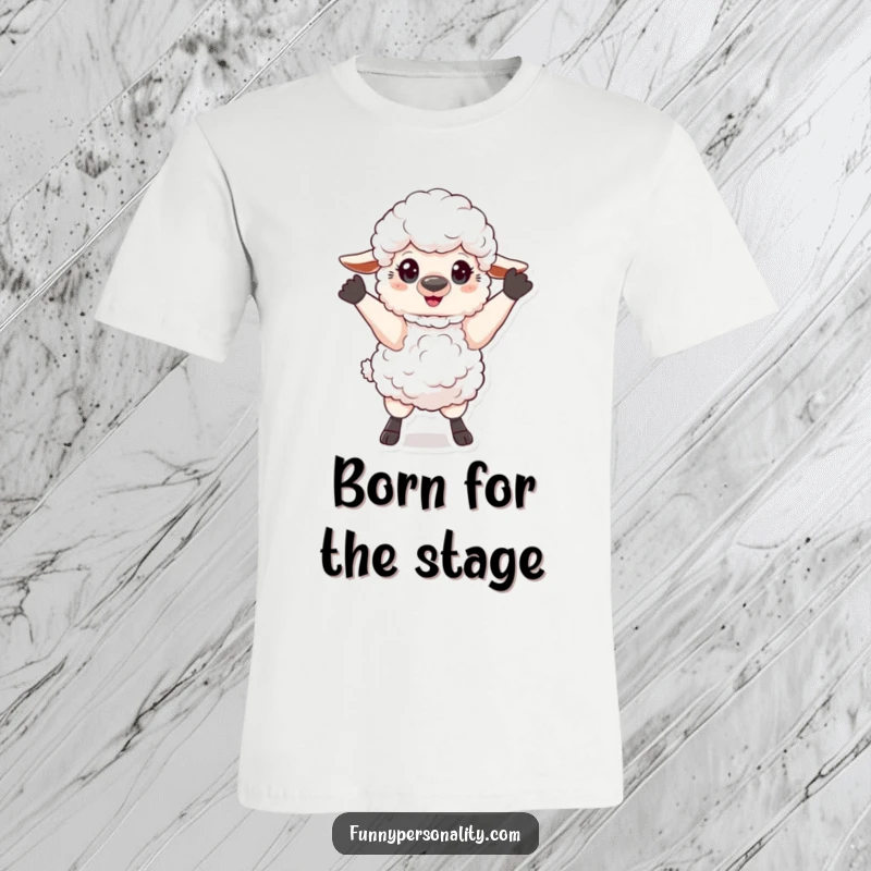 Funny T-Shirt: A fluffy sheep in a grand, theatrical pose, showcasing dramatic flair and comedic stage presence.