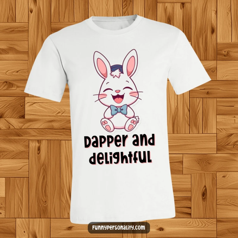 Funny t-shirt design of a jubilant bunny wearing a hat and bow tie, exuding happiness and style.